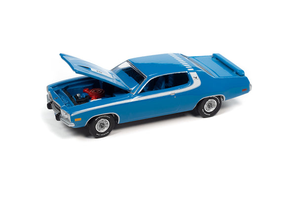 1973 Plymouth Road Runner Basin Street Blue opening hood. 1/64 Diecast